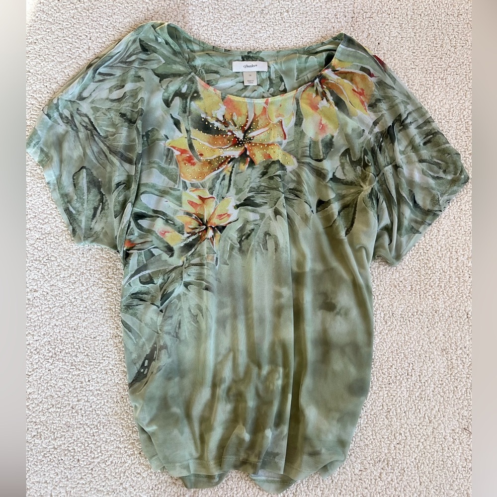 CJ Banks Fairycore Green Floral Women's Blouse mesh
